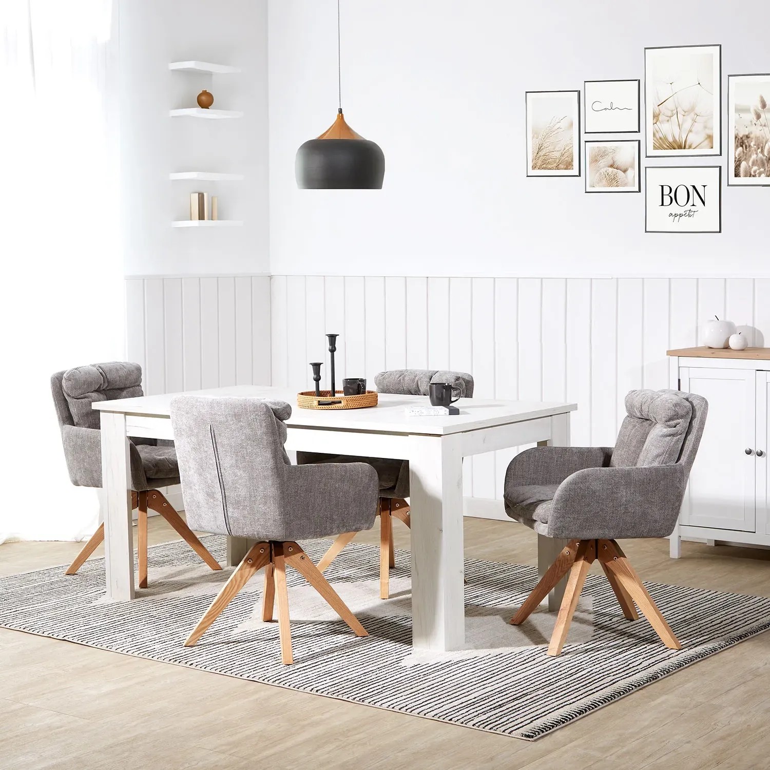 Homestyle4u 6er Set graue, drehbare Polsterstühle mit Eichenholzfüßen am Esstisch.