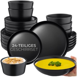 Tectake Tafelservice Una, 24-teilig, schwarz. Geschirrset im Urban Style mit Tellern und Schüsseln.