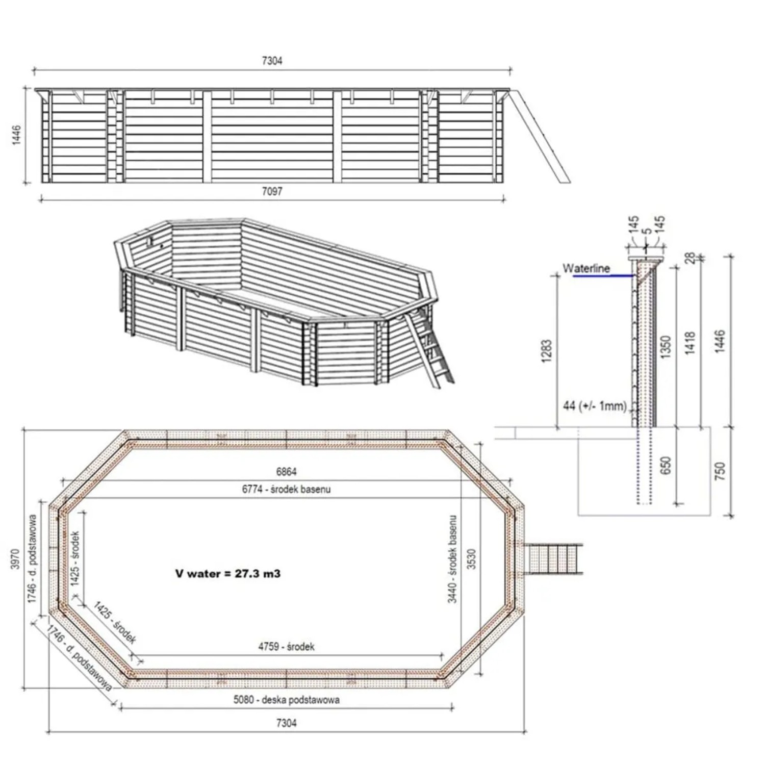 Technische Zeichnung: ALTANKA Holzpool Nemo 7,3x3,97m, Details zu Maßen und Konstruktion.