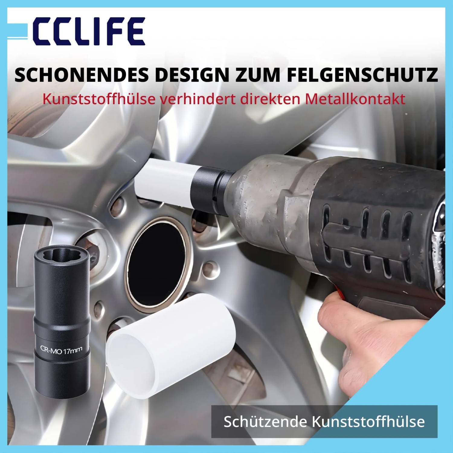 CCLIFE Radmutter Stecknuss Set: Stecknuss mit schützender Kunststoffhülse im Einsatz an einer Felge.