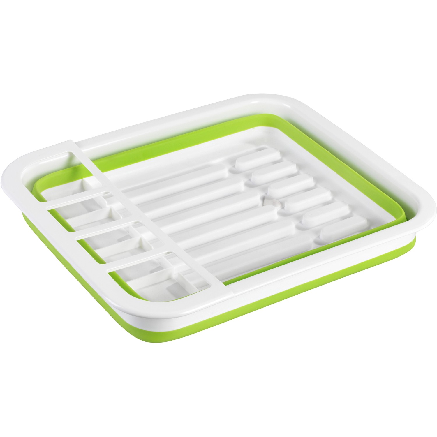 Faltbarer Geschirrabtropfer von Wenko in Weiß und Grün. Praktisches Abtropfgestell für die Küche.