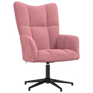Rosa Relaxsessel aus Samt mit Drehfunktion und schwarzem Stahlfuß.