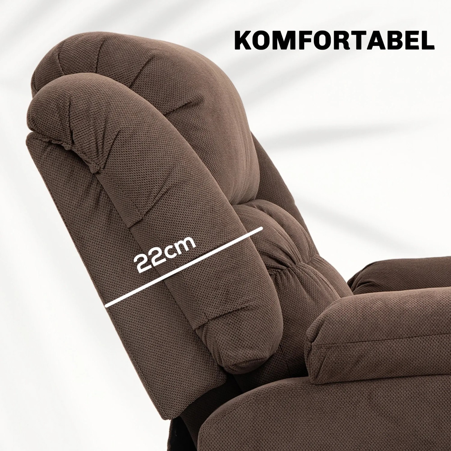 Detailaufnahme: Brauner HOMCOM Fernsehsessel mit Aufstehhilfe, Armlehne mit Maßangabe 22cm.