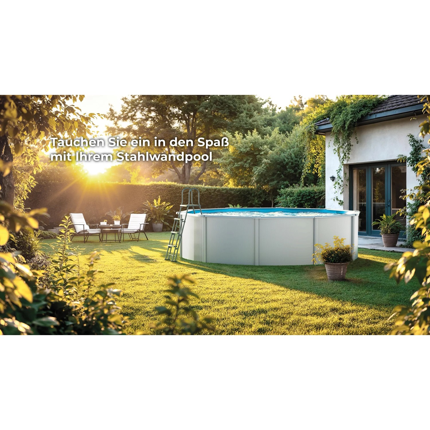 Weißer Gre Pool Bora Bora Stahlwandpool Oval im Garten mit Leiter und Sitzgruppe.