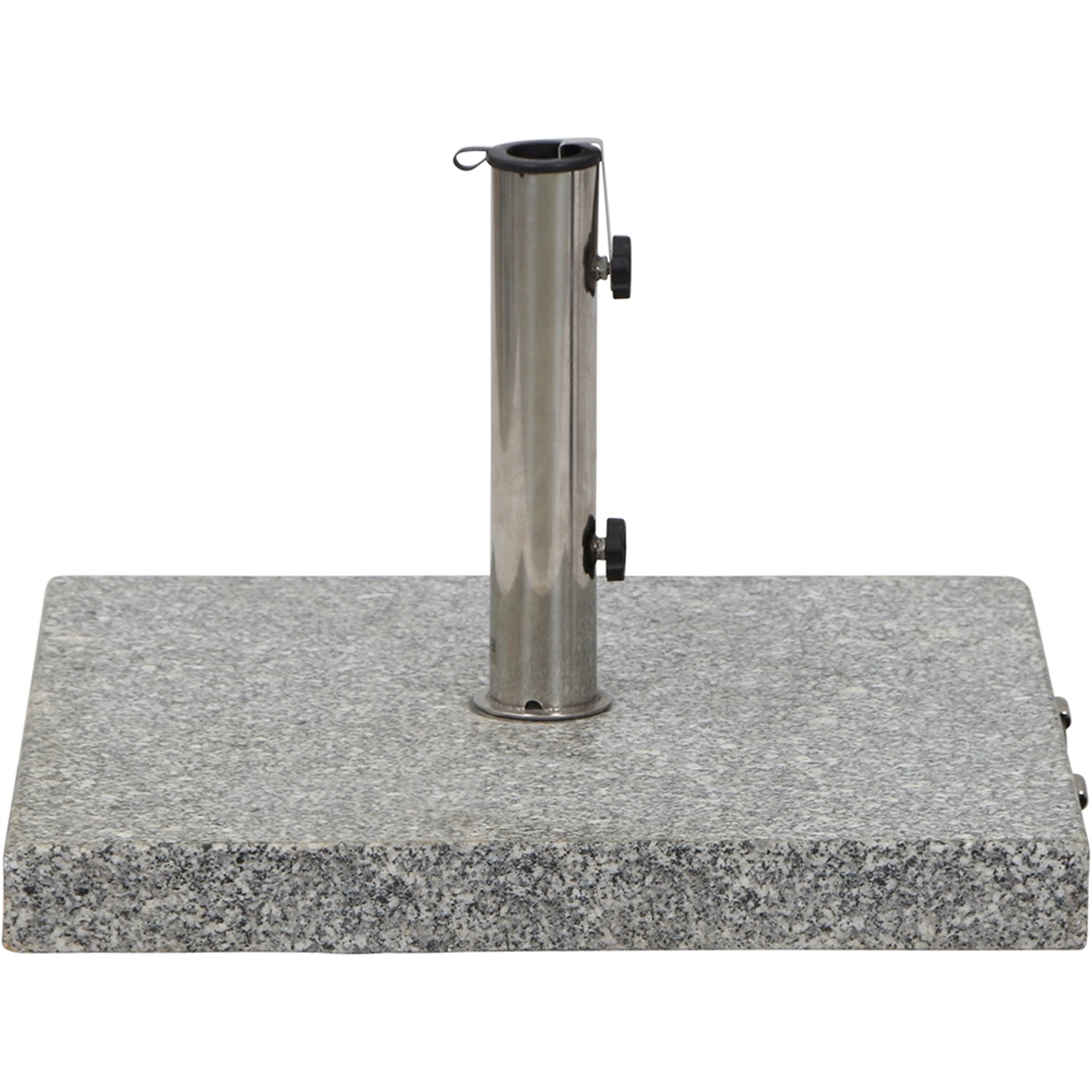 Grauer Siena Garden Schirmständer aus Granit mit Edelstahl-Standrohr.