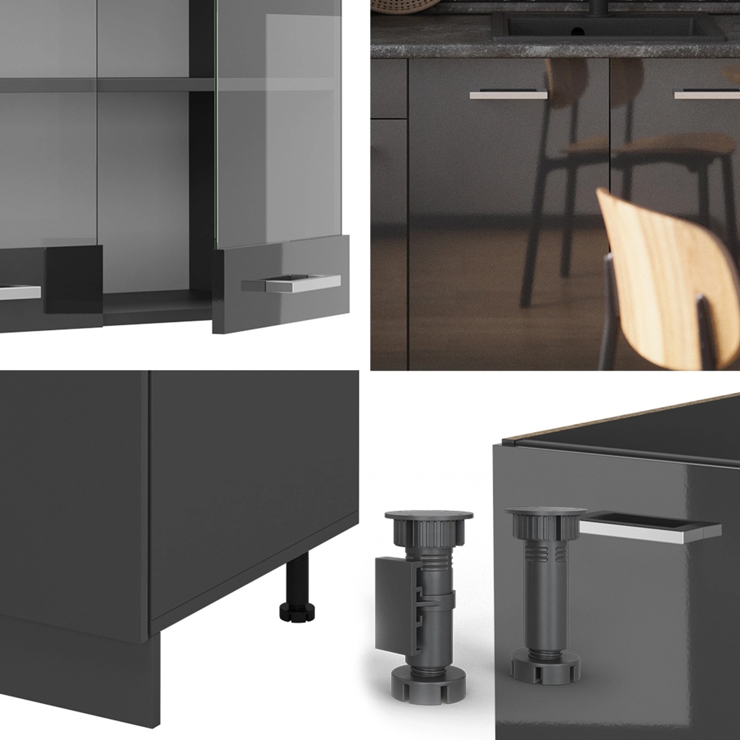 Vicco R-Line Küchenzeile, 140cm, Anthrazit Hochglanz/Eiche Dekor. Kompakte Singleküche für kleine Räume.