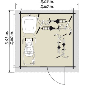 Grundriss Kiehn-Holz Gartenhaus KH 19-010 Unberührt, 260x260 cm, mit Fahrrädern und Gartenmöbeln.
