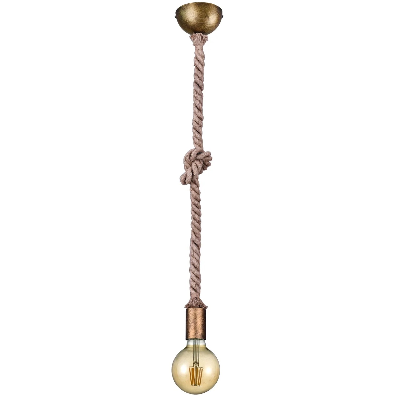 Retro Trio Pendelleuchte Rope, altmessingfarben, mit Leinenkabel und E27 Fassung.