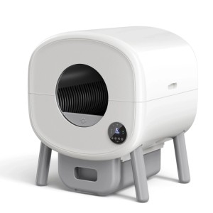 Moderne weiße Fudajo selbstreinigende Katzentoilette 76L, automatisch, mit App-Steuerung und grauem Abfallbehälter.