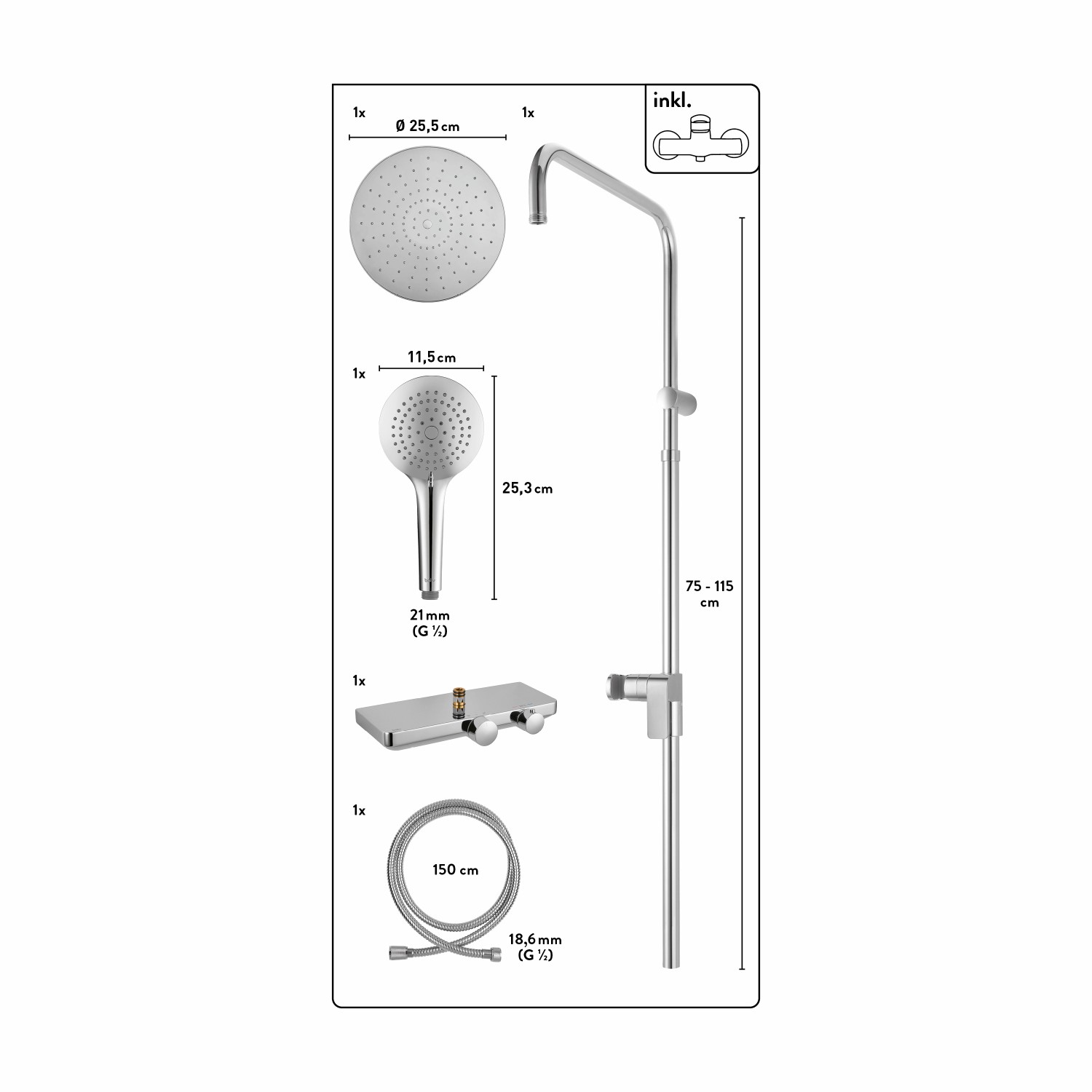 baliv Überkopfbrause-Set KBS-22.100 verchromt mit Handbrause, Kopfbrause, Thermostat und Brauseschlauch.