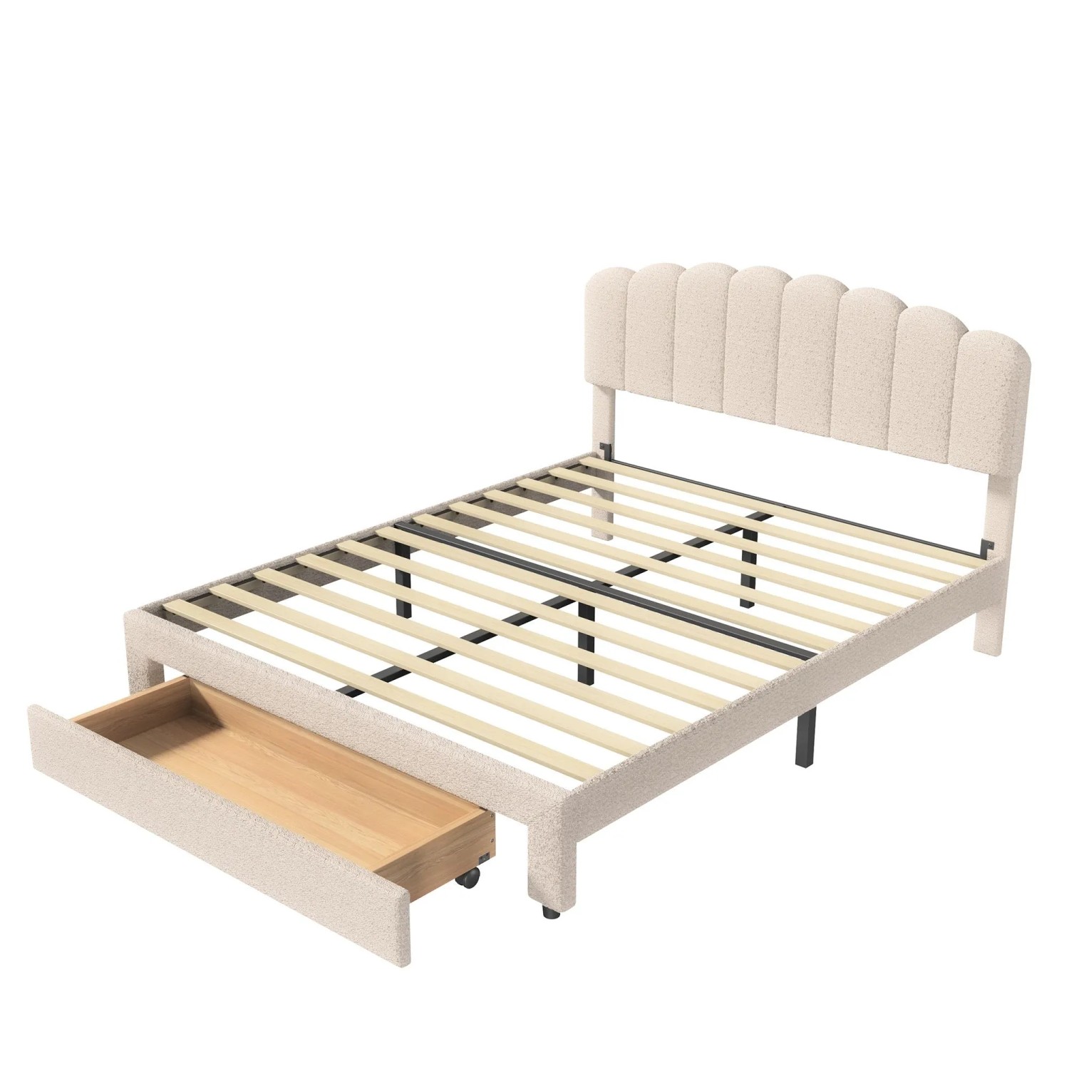 PXloue Bett Doppelbett 140x200cm mit Schubladen&Verstellbares Kopfteil Samt Beige