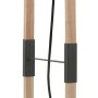 Moderne Eglo Stehleuchte Hornwood mit Holzfüßen, schwarzem Schirm und cremefarbener Innenseite.