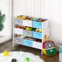 Weißes Songmics Kinderzimmerregal mit 9 Boxen in Grau, Weiß und Blau, gefüllt mit Spielzeug.