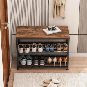 Rebiko Schuhschrank mit Sitzfläche im Industrial-Loft-Stil, Holz und Metall, 62 cm breit.