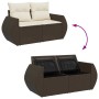 Braune 7-tlg. vidaXL Garten-Sofagarnitur aus Rattan mit cremefarbenen Kissen und Stauraum.