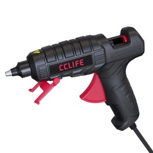 Schwarze CCLIFE 100W Heißklebepistole mit rotem Abzug, Ständer und Kabel. Ideal für Basteln, DIY und Reparaturen.