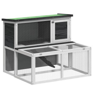 Grauer vidaXL Kaninchenstall aus Kiefernholz mit Freilaufgehege und grünem Dach.