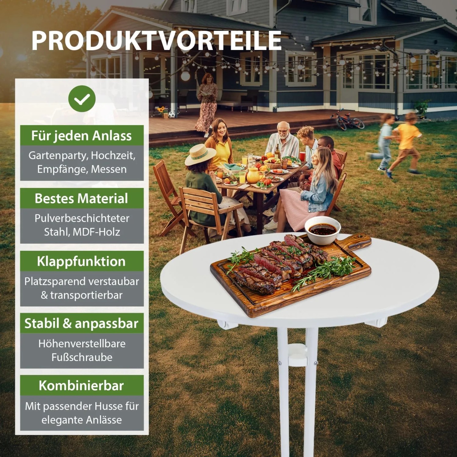 2er Set: Klappbarer, weißer Stehtisch (70 cm) mit Speisen im Garten. Ideal für Partys und Events.
