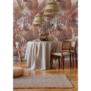 A.S. Creation Fototapete Dschungel in Rot-Beige im Raum mit Esstisch und Dekoration.