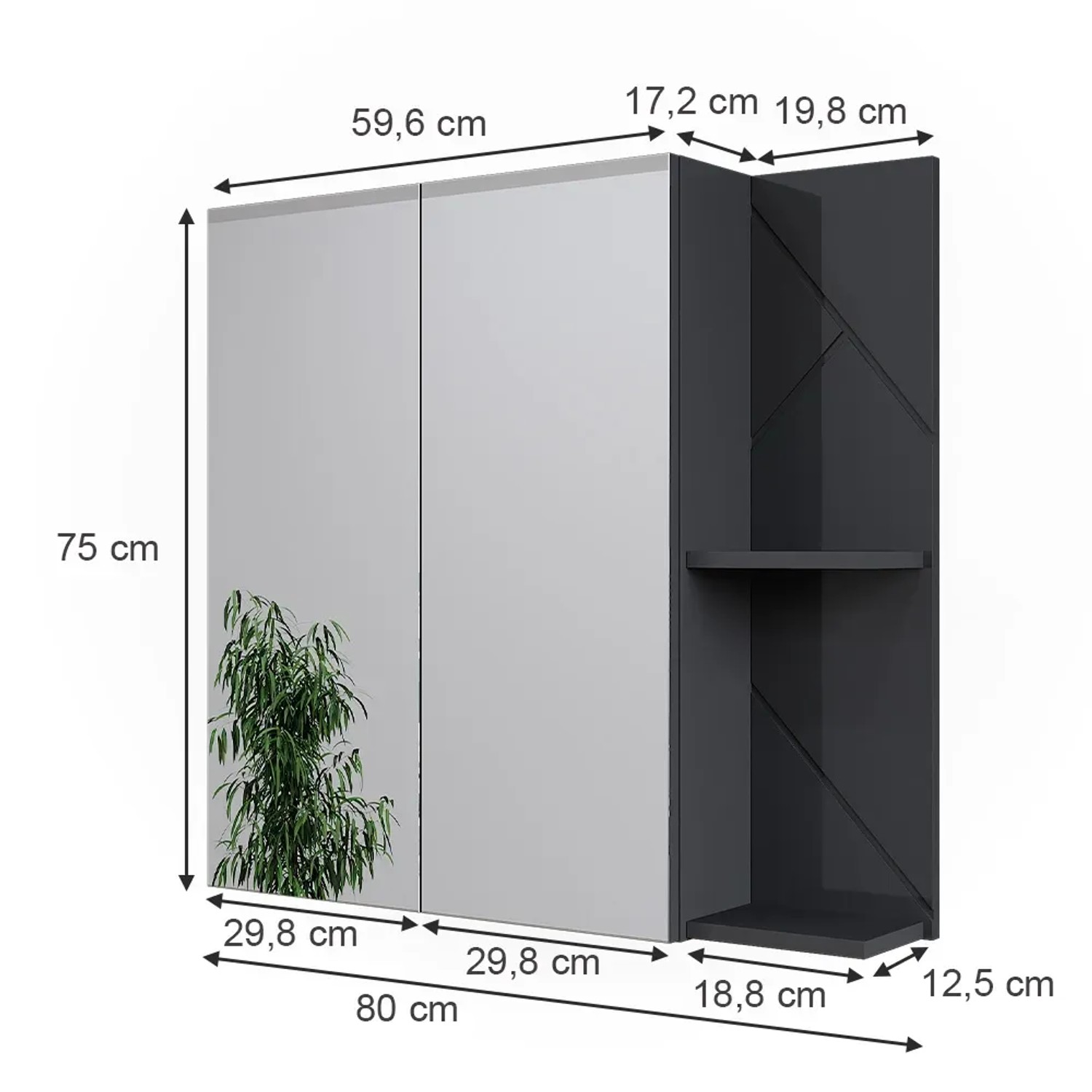 Vicco Badspiegelschrank Irma, anthrazit hochglanz, 80x75 cm, mit offenen Regalen.