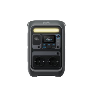 Anker SOLIX C300X Powerstation, dunkelgrau, mit Display, USB/AC-Anschlüssen und integrierter Leuchte.