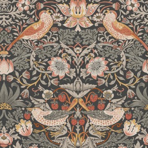Graue Vliestapete mit Erdbeeren, Blättern und Vögeln, William Morris Strawberry Thief Design.