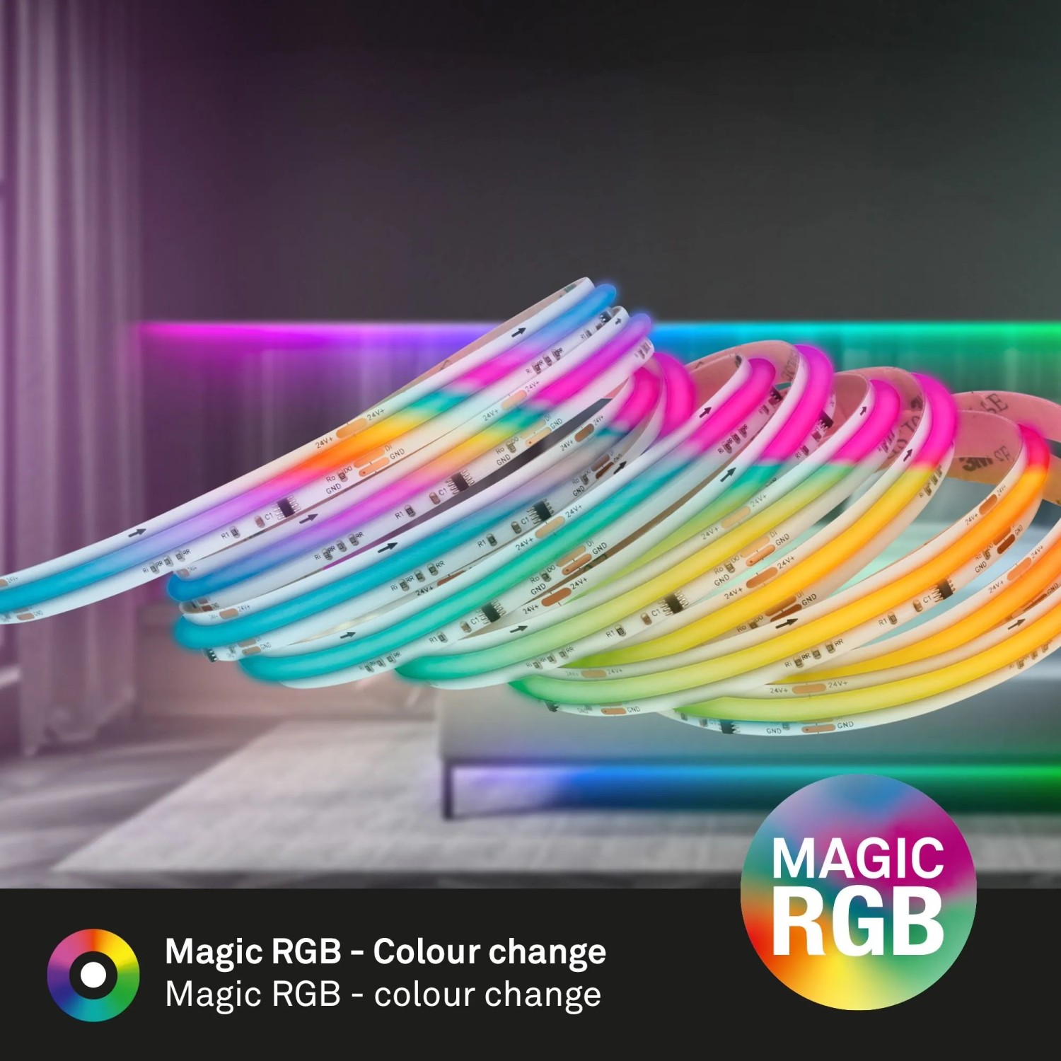 Flexibler Brilo LED-Strip COB RGBIC, 3 m, mit Farbwechsel und Fernbedienung, selbstklebend und kürzbar.