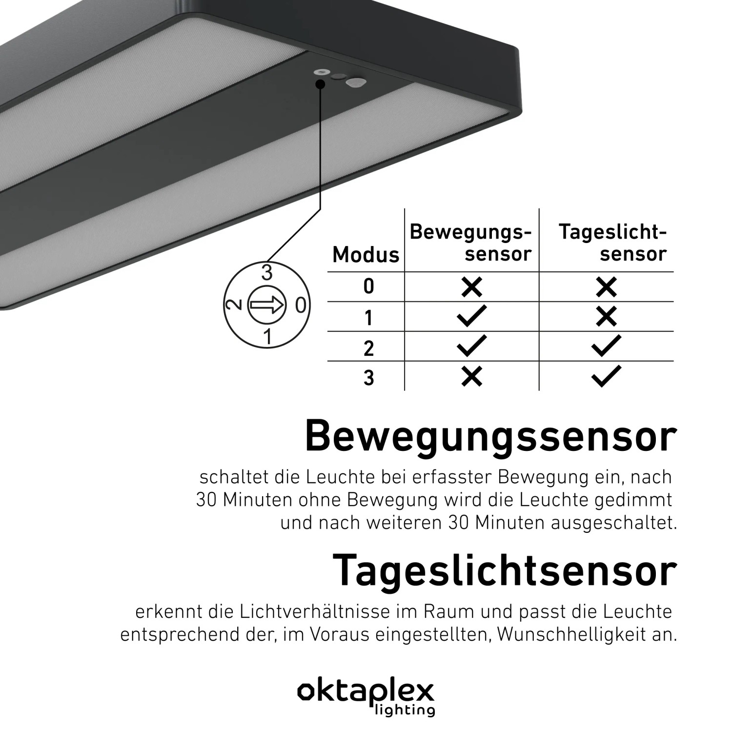 Oktaplex Stehlampe: Detailansicht der Sensor-Einstellungen für Bewegung und Tageslicht.