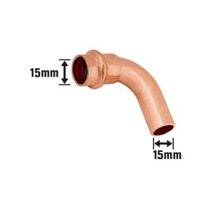 Kupfer Press-Bogen, 90 Grad, 15 mm Durchmesser für Trinkwasserinstallation.