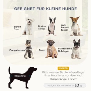 Geeignet für kleine Hunde bis 10kg. Verschiedene Hunderassen werden dargestellt.