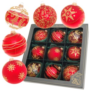9 rote Krebs Glas Lauscha Weihnachtskugeln (8cm) mit Schneeflocken und Golddekor im Set.