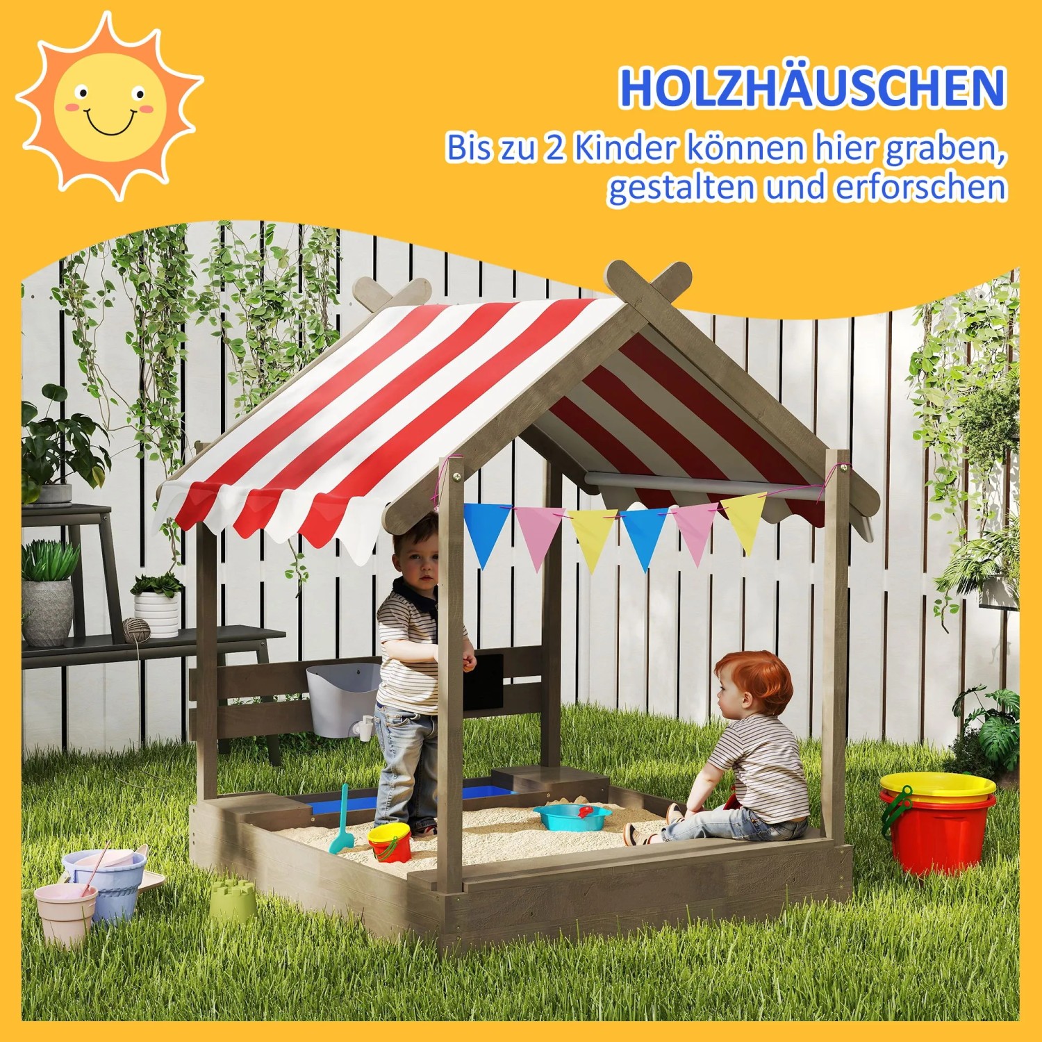 Outsunny Sandkasten mit Dach und Sitzplatz für Kinder im Garten.