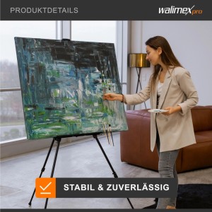 Künstlerin malt auf großer Leinwand an schwarzer Walimex Pro Aluminium Staffelei. Stabiles, höhenverstellbares Stativ.