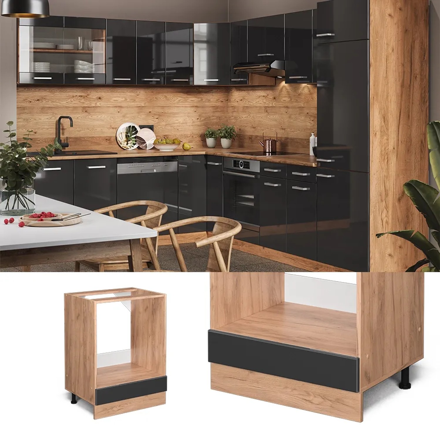 Vicco Herdumbauschrank R-Line, Anthrazit Hochglanz/Goldkraft Eiche, 60 cm. Küchenschrank für Einbauherd.