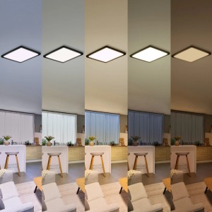 Philips Valen LED-Deckenleuchte, schwarz, 40 cm, zeigt verschiedene WarmGlow Lichtstimmungen in modernem Raum.