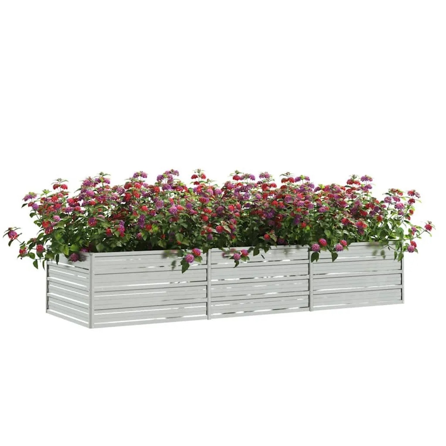 Silbernes Furnicato Garten-Hochbeet (240x80x45 cm) aus verzinktem Stahl mit blühenden Pflanzen.