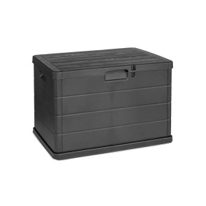 Anthrazitfarbene Mojawo Auflagenbox aus Kunststoff, 170 Liter, auch als Sitzbank nutzbar.