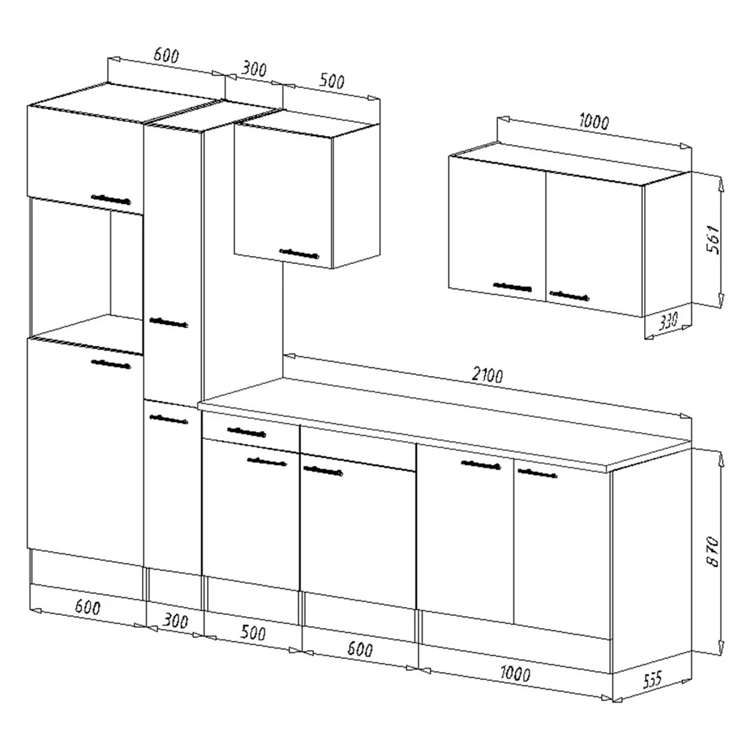 Skizze der Respekta Küchenzeile KB300EYG, 300 cm, Grau Seidenglanz/Eiche York Nachbildung, mit Maßen.