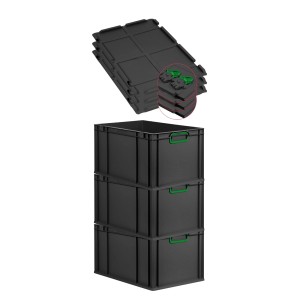 PROREGAL SuperSparSet: 3 schwarze Euroboxen mit grünen Griffen und Scharnierdeckel, 65 Liter.