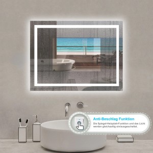 Rechteckiger Aica Sanitär Badspiegel 100x80 cm mit LED-Beleuchtung im Badezimmer.