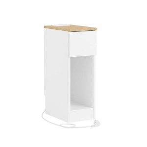 SoBuy Nachttisch weiß, schmal, mit Holzoptik-Platte, Ladestation, Schublade, offenem Fach und Sockelleisten-Aussparung.