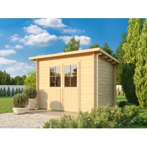 Unbehandeltes Fjordholz Pultdach Gartenhaus Ezra 2D mit Doppeltür und Fenster im Garten.