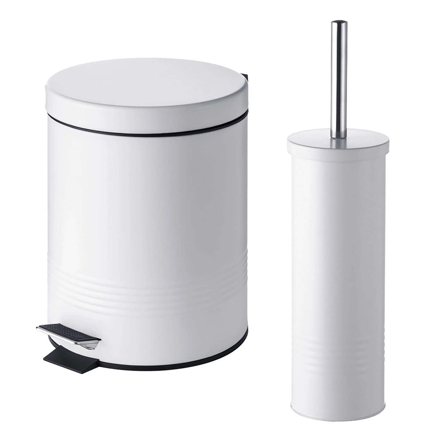 Relaxdays Badezimmer Set Stahl Kunststoff Edelstahl Weiß 2-teilig Softclose 27,5 cm x ø 20,5 cm 38 cm x ø 9,5 cm