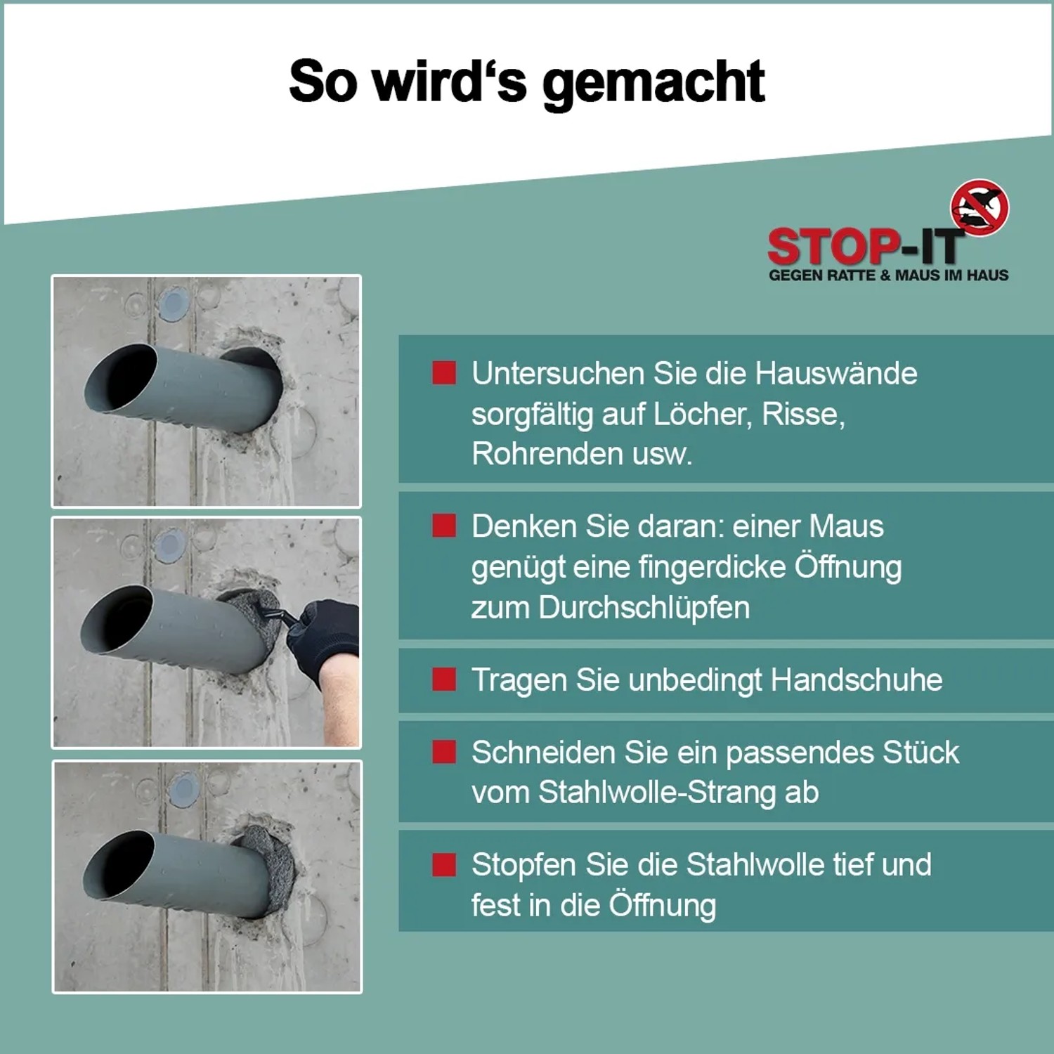 Anleitung: RAKSO Stahlwolle zur Ratten- & Mäuseabwehr in Öffnungen stopfen. Inkl. Handschuhe & Schere.