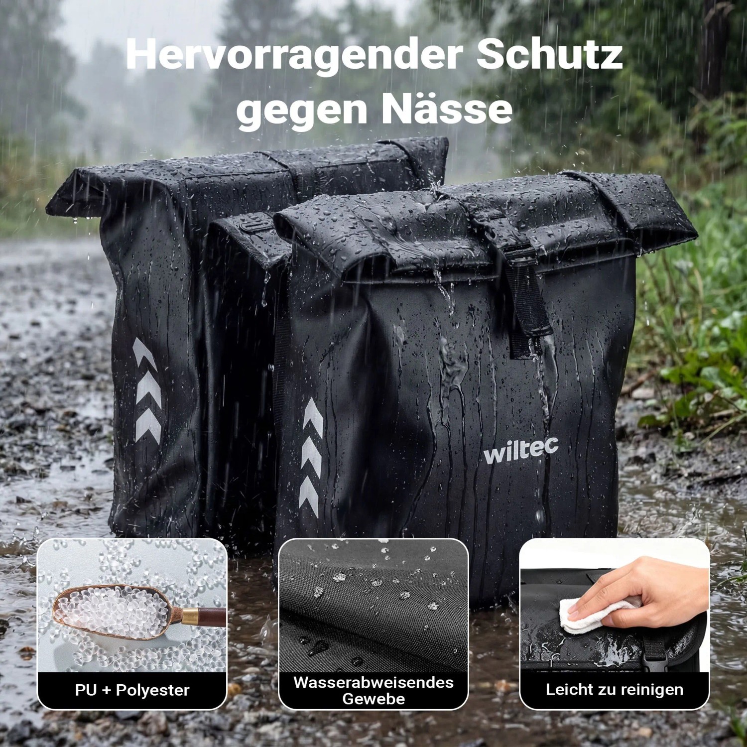Wiltec Doppeltasche, schwarze wasserfeste 48L Fahrradtasche am Gepäckträger. Wassertropfen zeigen Schutz vor Nässe.