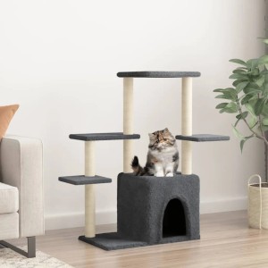 Dunkelgrauer vidaXL Kratzbaum (97,5 cm) mit Sisal-Säulen und Katze.