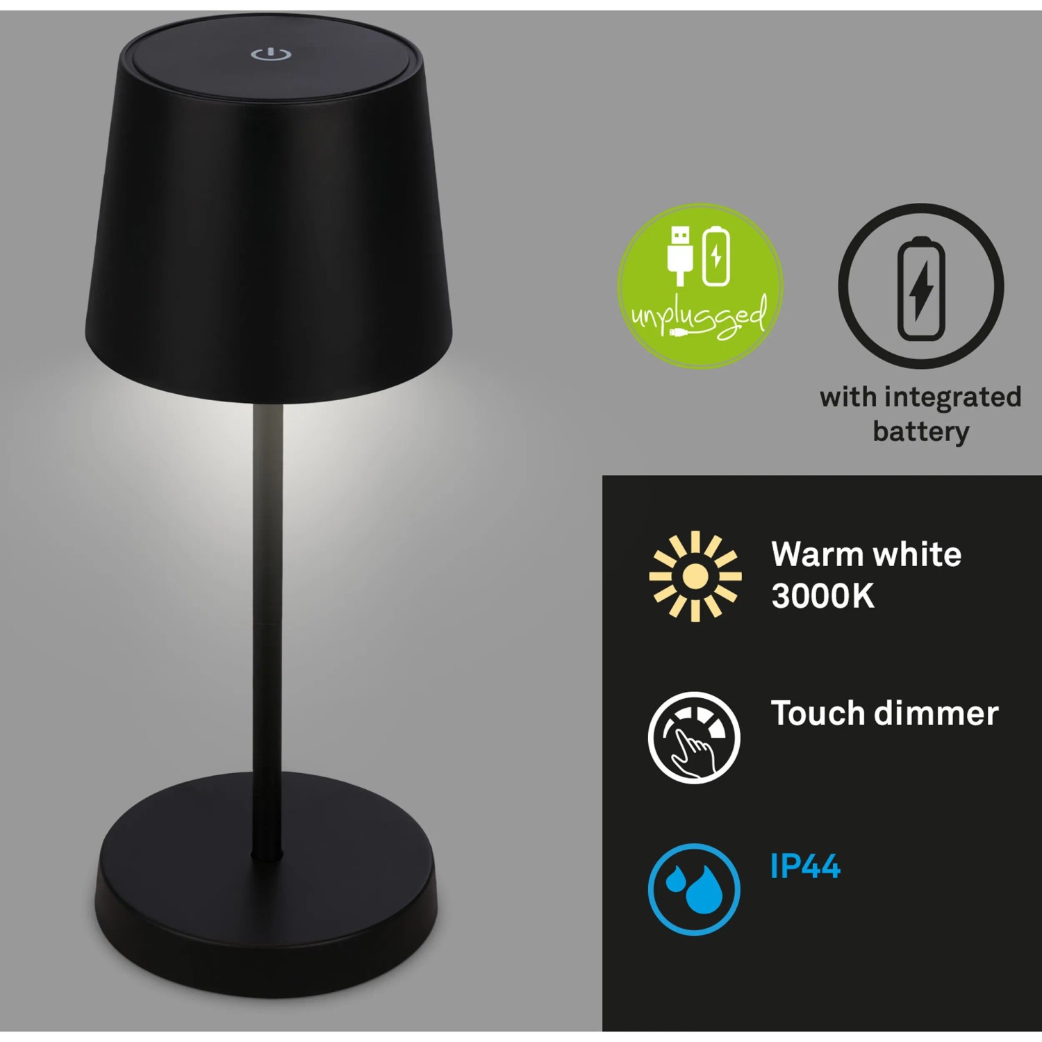 Schwarze Brilo Akku-Tischleuchte, dimmbar, für Innen & Außen. Dekoleuchte mit USB-Ladefunktion.