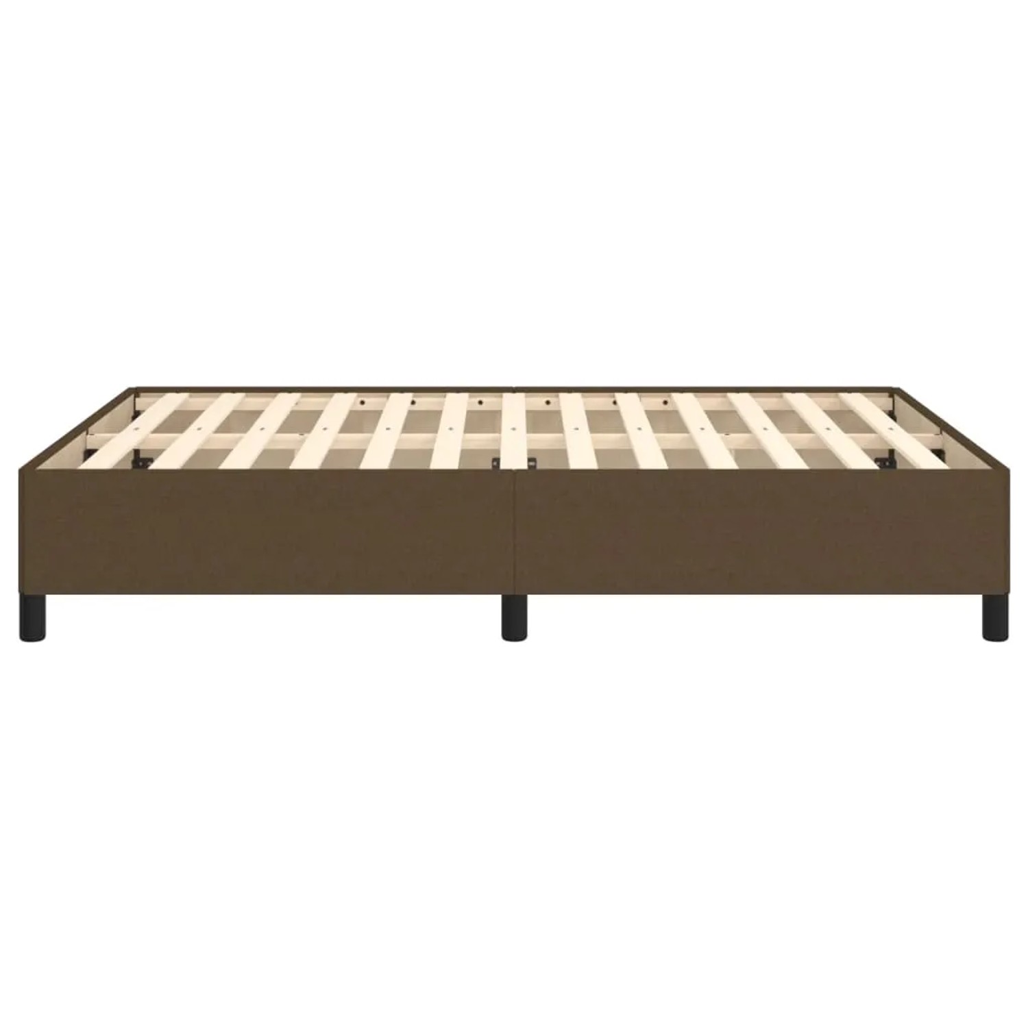 Dunkelbraunes Stoff-Bettgestell 140x190 cm mit Holzlattenrost.