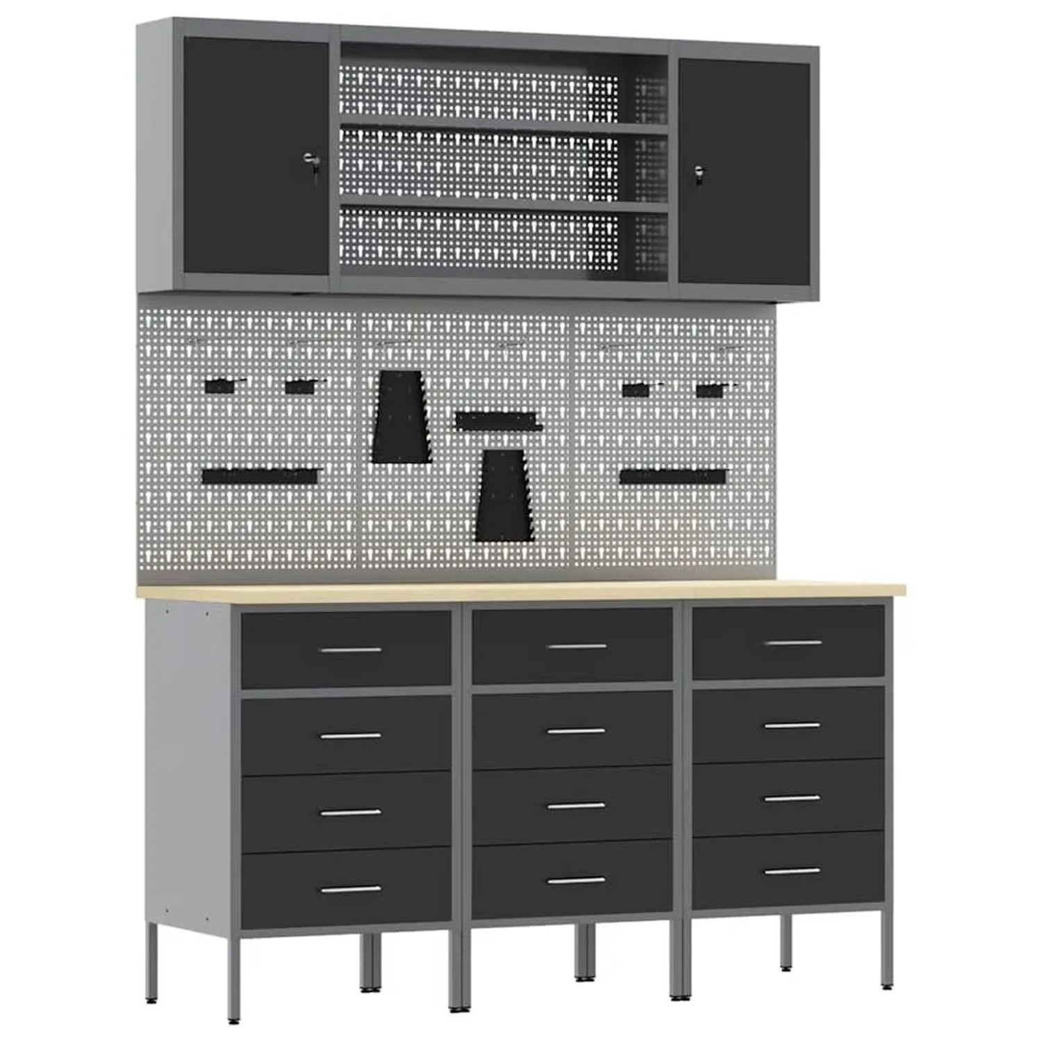 vidaXL Werkbank mit Schubladen 7-Tlg Schwarz Ingenieure Holz und Stahl 3321436