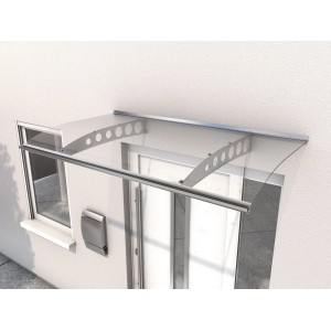 Modernes Gutta Pultvordach PT/ET in Edelstahloptik mit Acrylglas über einer Haustür.